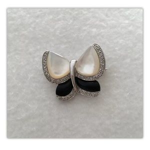 14k TT  white gold Brooch Pin Butterfly Diamond MOP SOnyx Art Deco Style 5.72gr